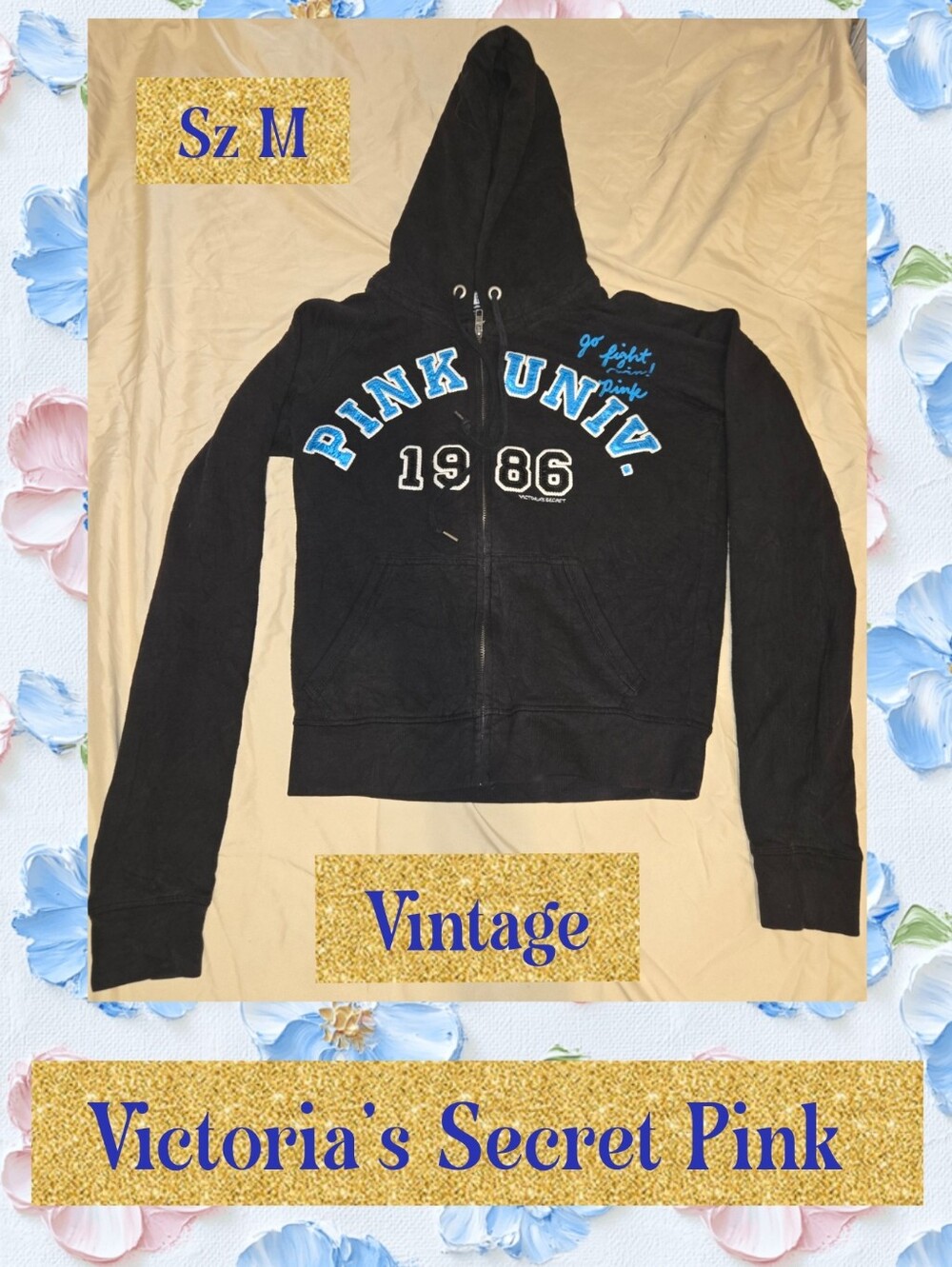 PINK Victoria's Secret Black Zip-Up Hoodie Vintage Sz M